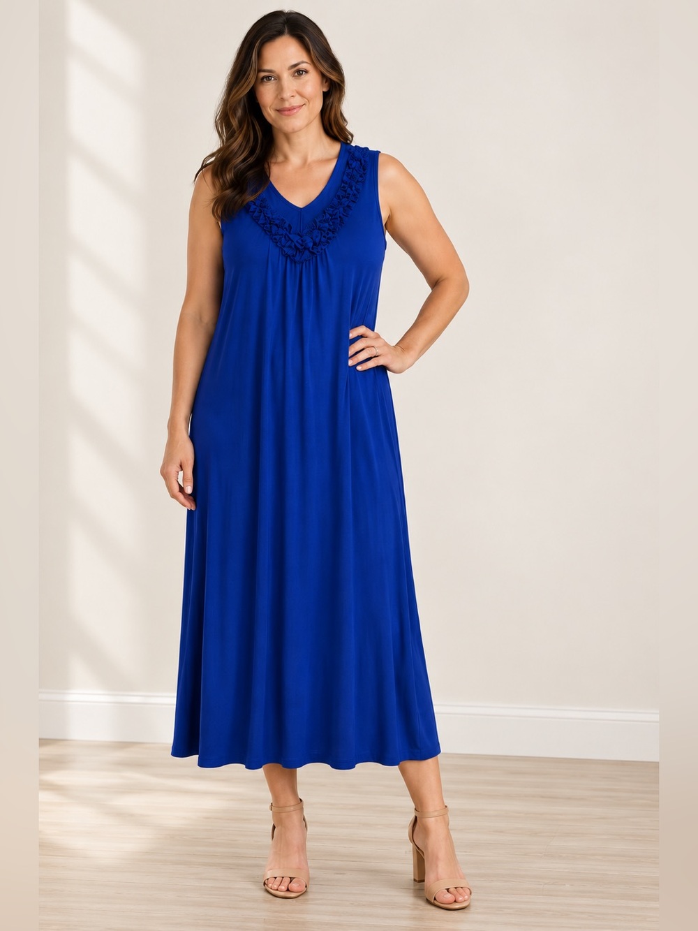 Catherines Blue Maxi Dress Approx XL-2X 18W-20W Ruffle V-Neck